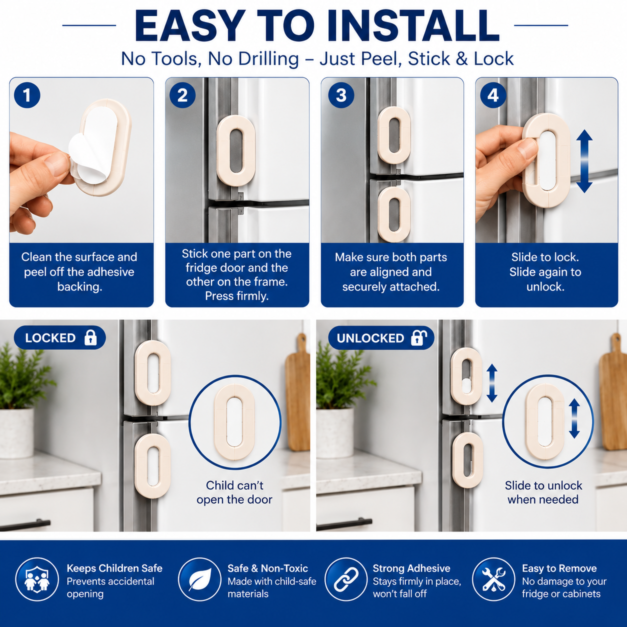 Child Safety Fridge Lock – Premium Baby Proof Cabinet & Refrigerator Door Lock
