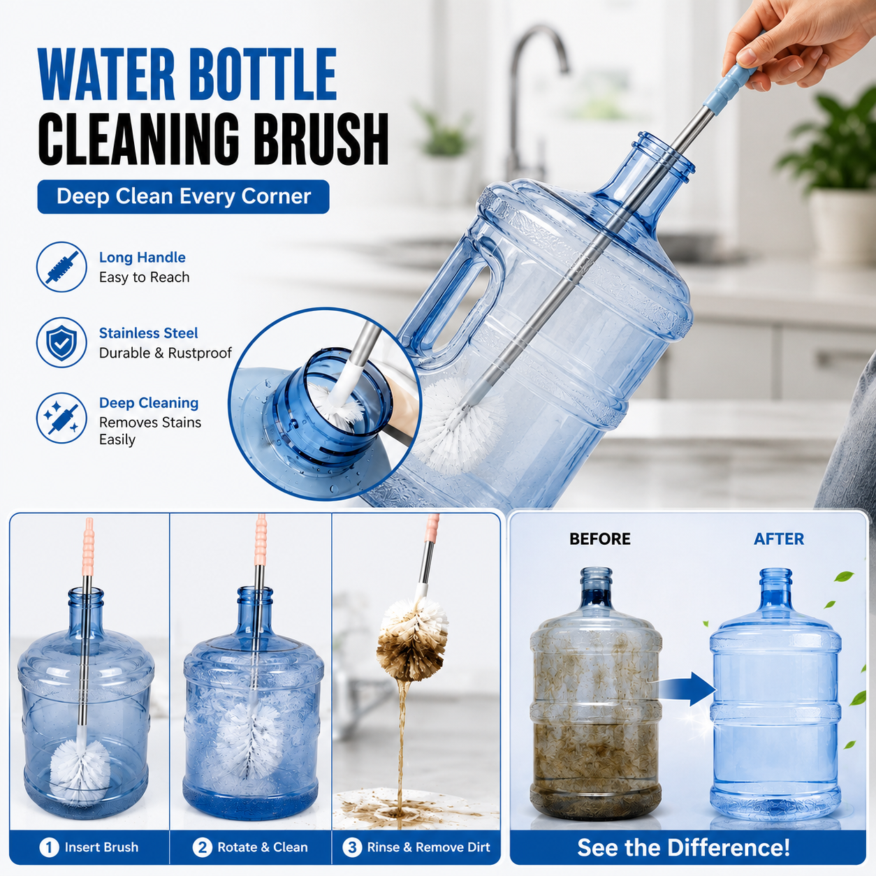 Water Bottle Cleaning Brush with Long Handle | Deep Clean Bottle Scrubber