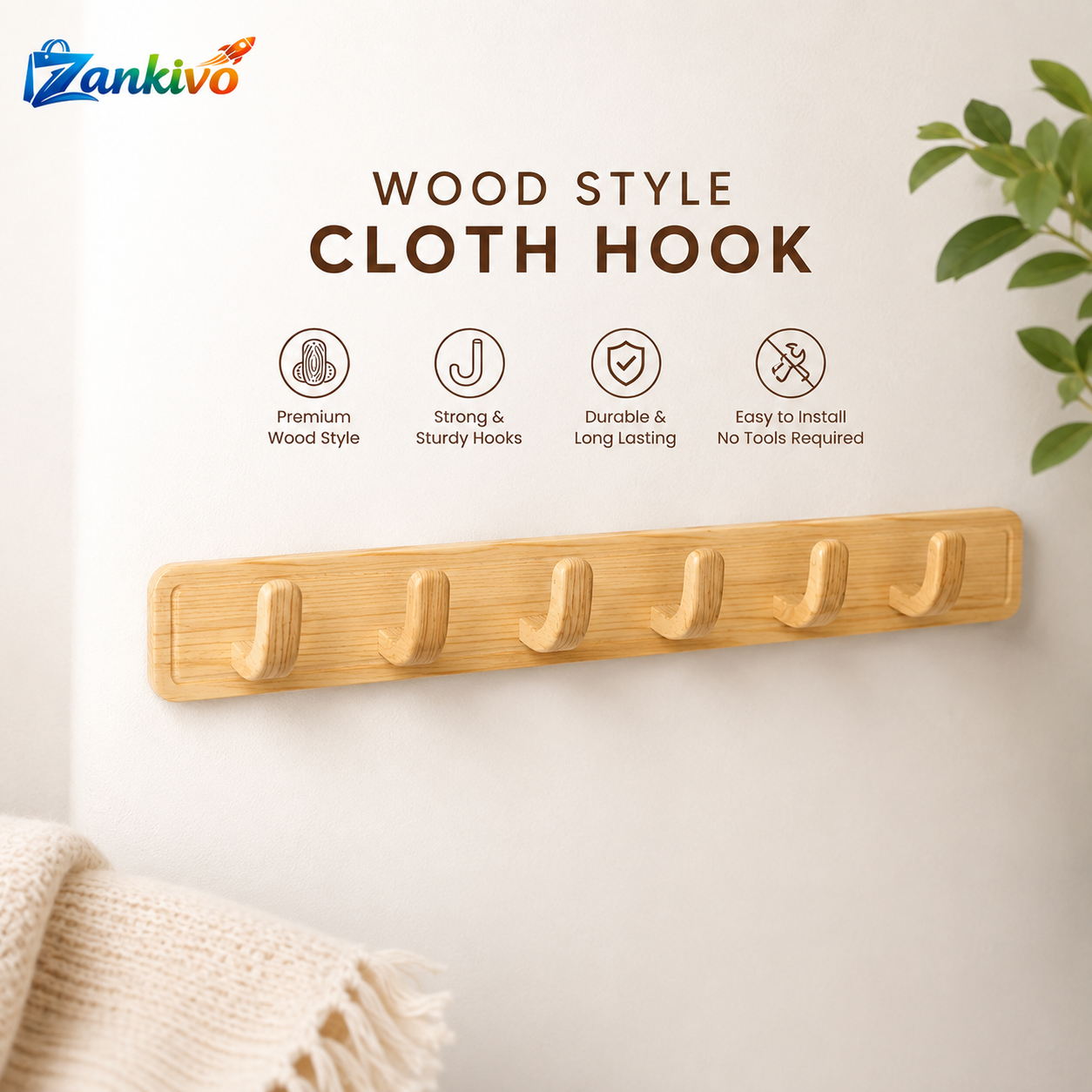 Wood Style Cloth Hook – Heavy Duty Wall Mounted Wooden Coat & Towel Rack