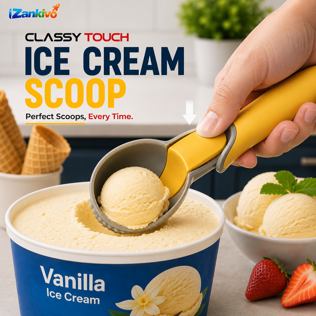 Premium Ice Cream Scoop with Easy Release Trigger – Heavy Duty Non-Stick Ice Cream Scooper for Perfect Ice Cream, Gelato & Frozen Desserts