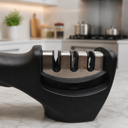 3-Stage Professional Knife Sharpener – Manual Kitchen Knife Sharpening Tool | Coarse, Ceramic & Fine Sharpening System | Non-Slip Ergonomic Handle