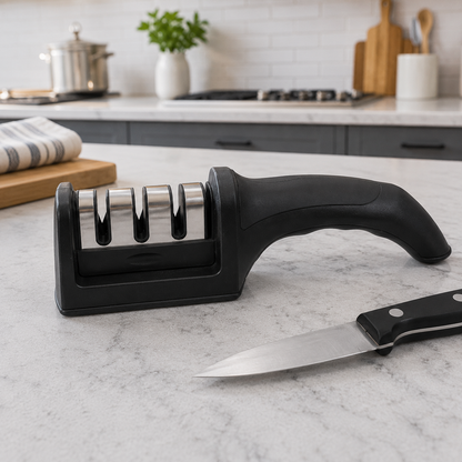 3-Stage Professional Knife Sharpener – Manual Kitchen Knife Sharpening Tool | Coarse, Ceramic & Fine Sharpening System | Non-Slip Ergonomic Handle