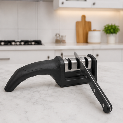 3-Stage Professional Knife Sharpener – Manual Kitchen Knife Sharpening Tool | Coarse, Ceramic & Fine Sharpening System | Non-Slip Ergonomic Handle