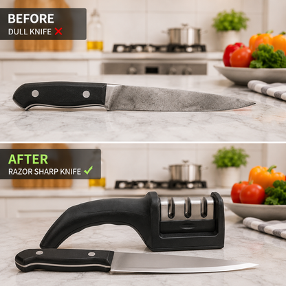 3-Stage Professional Knife Sharpener – Manual Kitchen Knife Sharpening Tool | Coarse, Ceramic & Fine Sharpening System | Non-Slip Ergonomic Handle