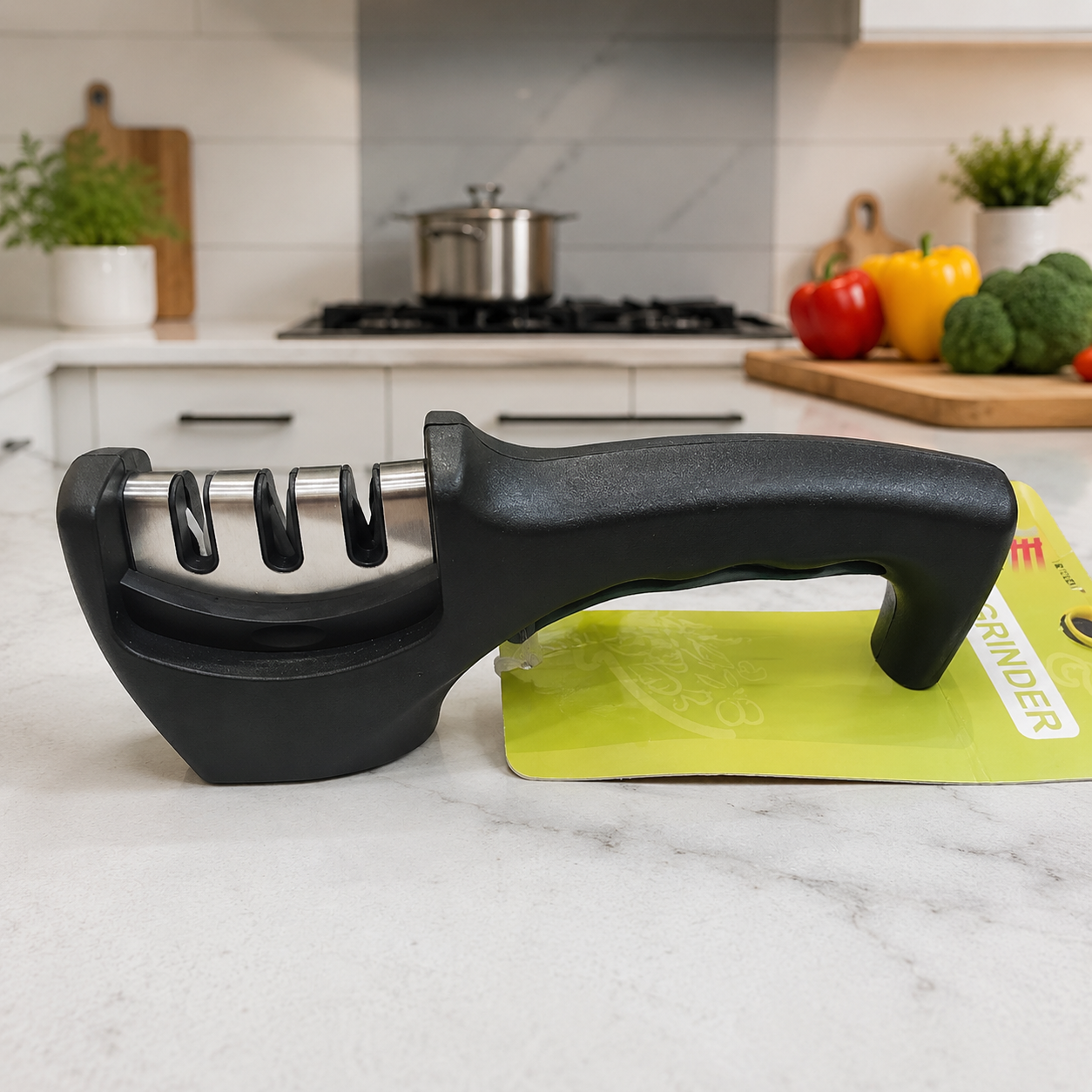 3-Stage Professional Knife Sharpener – Manual Kitchen Knife Sharpening Tool | Coarse, Ceramic & Fine Sharpening System | Non-Slip Ergonomic Handle