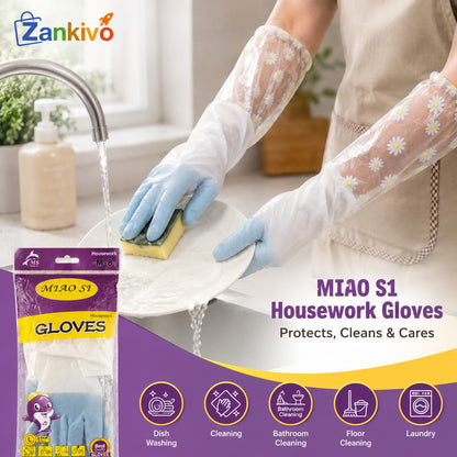 Long Waterproof Cleaning Gloves with Floral Sleeve – Reusable Kitchen, Dishwashing & Household Protective Gloves
