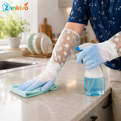 Long Waterproof Cleaning Gloves with Floral Sleeve – Reusable Kitchen, Dishwashing & Household Protective Gloves