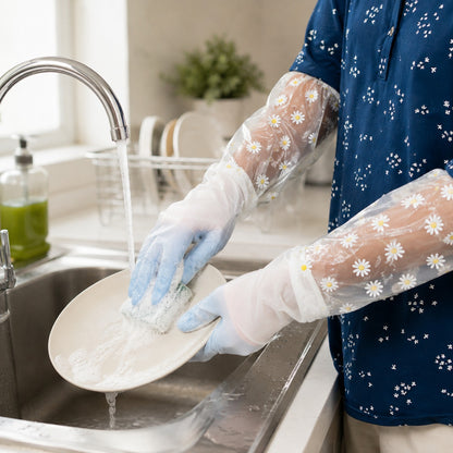 Long Waterproof Cleaning Gloves with Floral Sleeve – Reusable Kitchen, Dishwashing & Household Protective Gloves