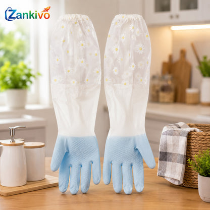 Long Waterproof Cleaning Gloves with Floral Sleeve – Reusable Kitchen, Dishwashing & Household Protective Gloves